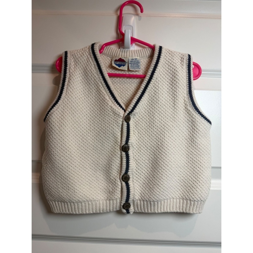 3. Vintage New Legends Kids 3T Cream Navy Blue Textured Knit Button Front Vest